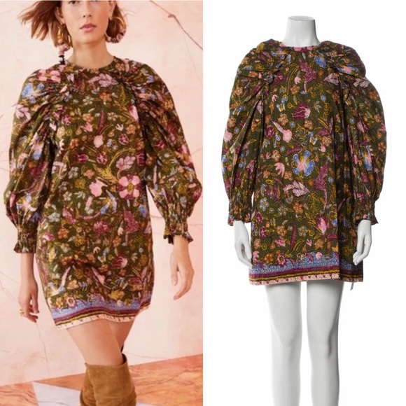 Ulla Johnson Green Devya Floral Print Ruffle Cotton Short Mini Dress - Picture 2 of 10